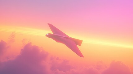 Fototapeta premium Remote-controlled drone ascending into a dusk-lit sky, glowing with warm tones of peach, orange, and lavender.