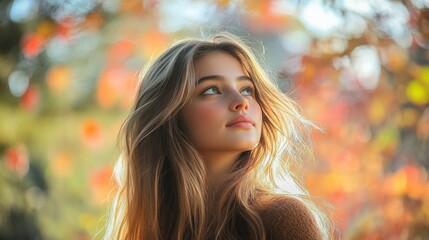 Fototapeta premium Young woman with flowing hair in autumn bokeh light