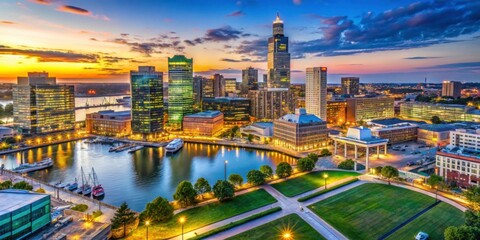 Obraz premium Vibrant City Skyline at Sunset Over Calm River with Reflections