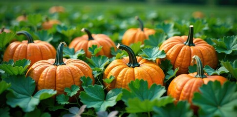 Leaves and vines create a lush carpet around pumpkins, natural growth, plant life, lush carpet