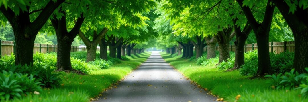 Lush green avenue lined with Peltophorum pterocarpum trees, nature,