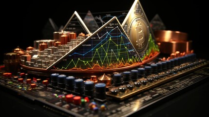 Technical Analysis of Stocks Cryptocurrency on a Circuit Board With Charts and a Bitcoin Coin