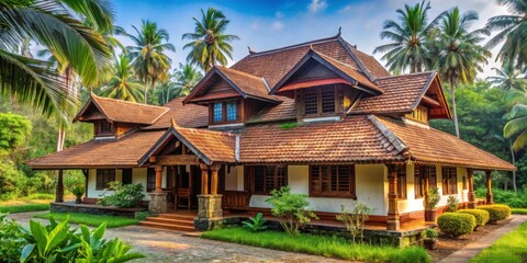 Traditional Kerala House Surrounded by Lush Green Tropical Landscape