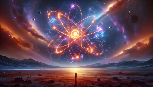 Atom A person standing in the center of a barren, open space, looking up at an enormous glowing atomic st4
