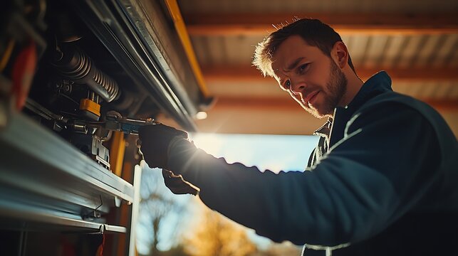 A repairman working on a garage door spring, dynamic perspective capturing the interaction between the worker and the mechanism, open garage with sunlight creating vivid highlights,