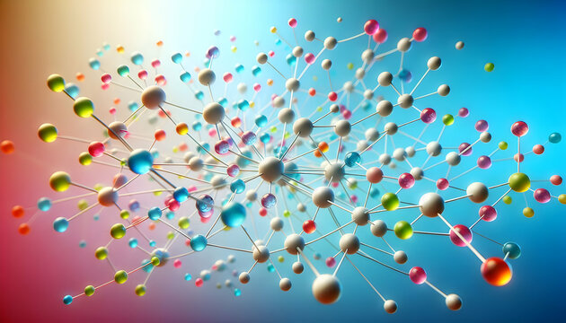 Atom A molecular network with colorful transparent spheres connected by thin, white rods arranged in a br2