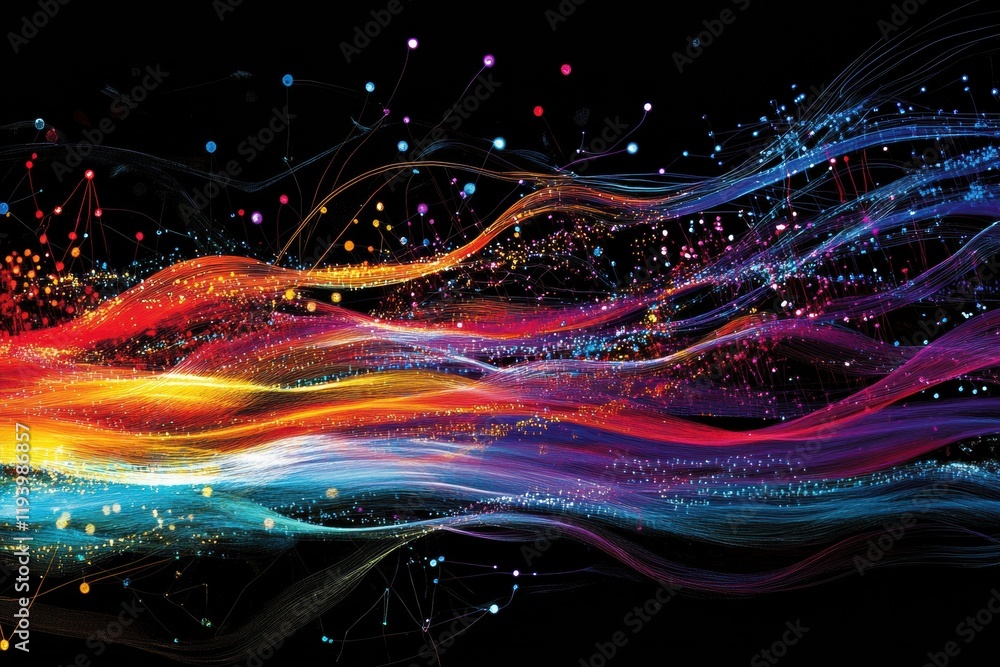 Fototapete Vibrant energy lines and dots flowing together to represent dynamic communication and data exchange in a digital space. Generative AI