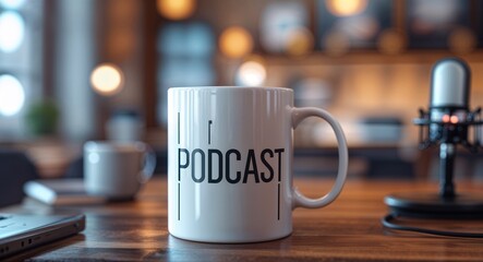 podcast lettering on coffee mug at table