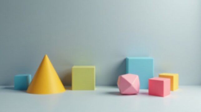 Pastel Geometric Shapes Arranged on a Light Background, a Minimalist Composition Featuring Cubes, a Cone, and a Polyhedron