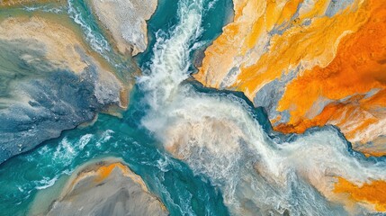 Naklejka premium Stunning shot of Yellowstone Falls and the river below, surrounded by colorful canyon rock formations.