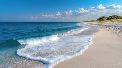 Obraz premium Serene beach waves lapping sandy shore, summer sky. Perfect for travel brochures