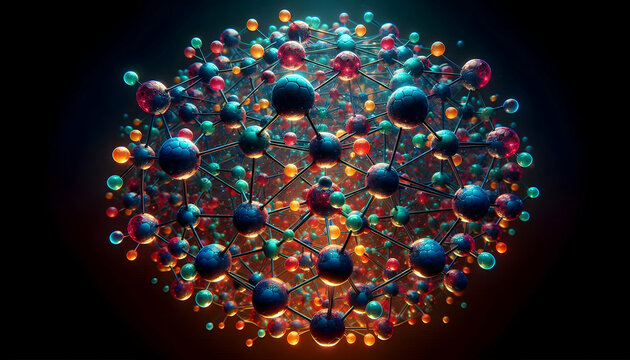 Atom A highly detailed molecular structure with spherical atoms in vibrant colors, connected by glowing r4
