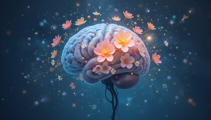 Human brain with blooming flowers, mental health concept, positive thinking, creative mind. Generative AI illustration