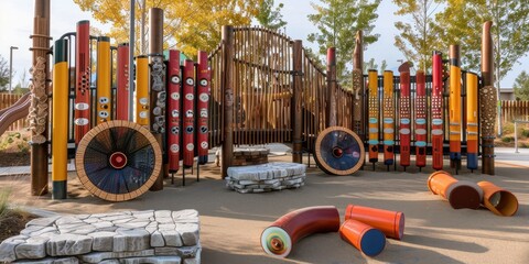 Artistic musical playground features colorful interactive sound elements.  Community space with unique instruments creates a vibrant play area.