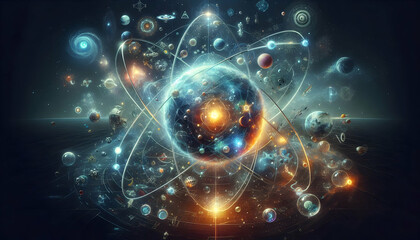 Obraz premium Atom A futuristic atom surrounded by a glowing sphere, with celestial objects and abstract shapes swirling around, representing a miniature universe of interconnected energies (2)
