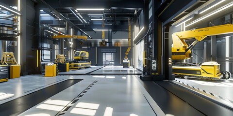 Fototapeta premium A modern industrial workspace featuring robotic arms and automated machinery for manufacturing.