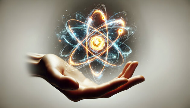 Atom A hand reaching out to present an artistic atom, depicted with a glowing nucleus at the center and s4