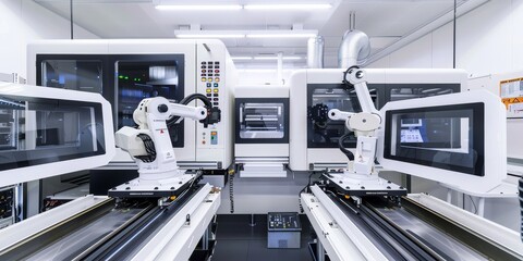 A modern industrial workspace featuring robotic arms for precision tasks.
