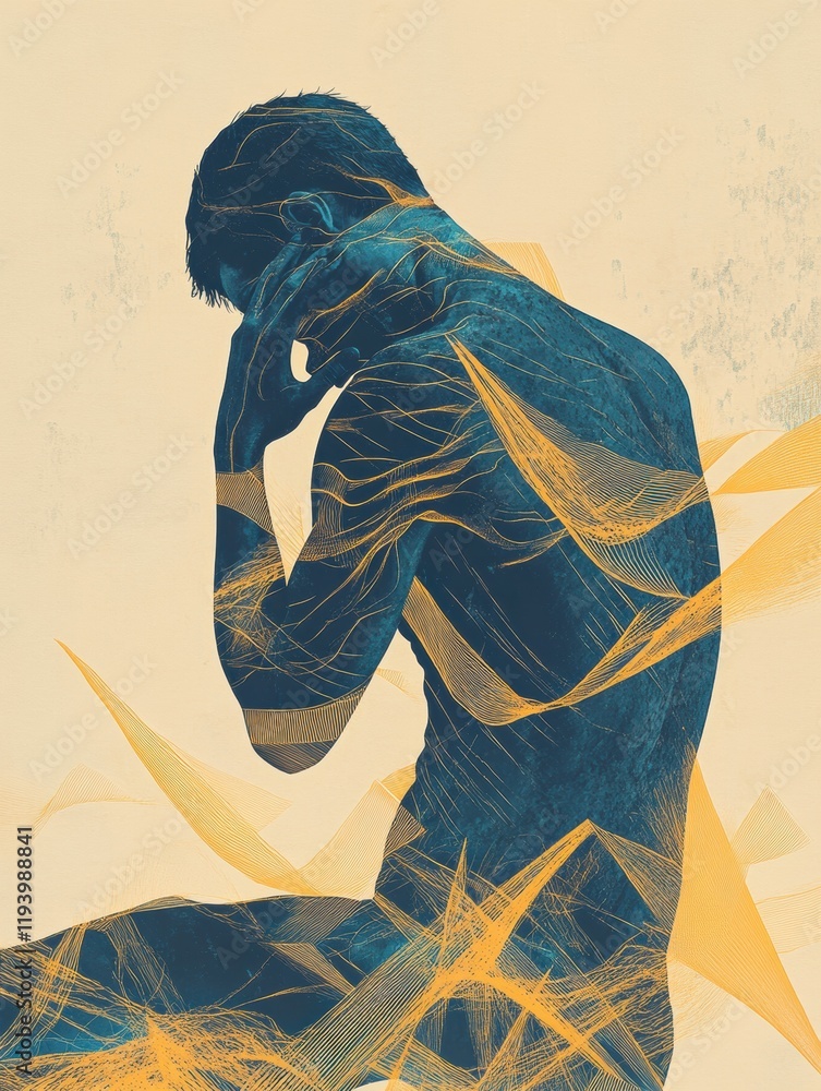 Poster person expressing physical discomfort with abstract waves and shapes conveying pain and distress in 