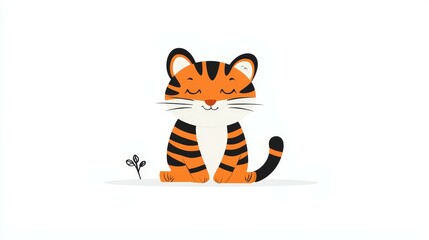 Cute Cartoon concept. Cute cartoon tiger with closed eyes, sitting peacefully among plants.