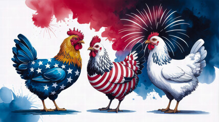Patriotic Chickens with American Flag Patterns