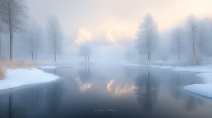 Fototapeta premium Winter Fog Envelops Trees by Still Water