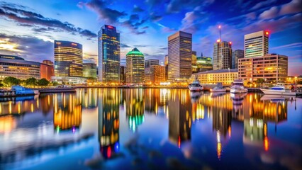 Naklejka premium Beautiful City Skyline Reflected in Calm Water at Dusk
