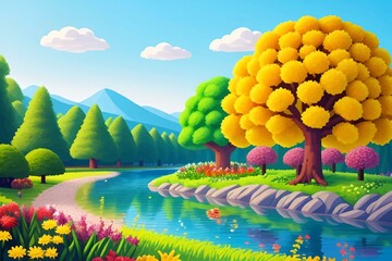 Beautiful and Peaceful Nature Scenery Illustration Landscape Countryside Tranquil Vibrant and Colorful