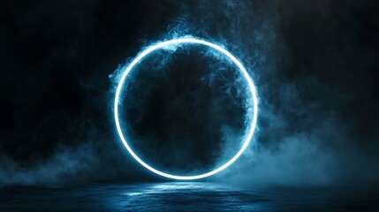 Round neon frame on a dark background with smoke