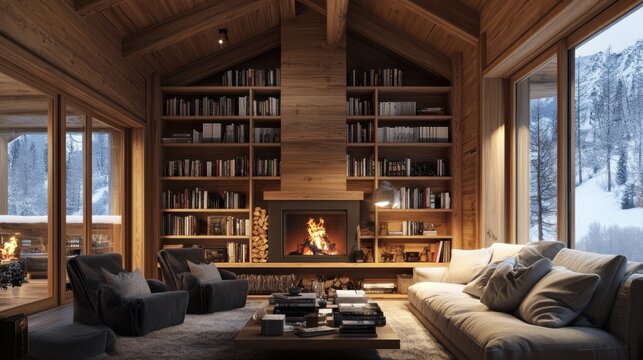 Cozy Winter Mountain Cabin Library with Fireplace and Stunning Views