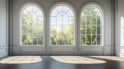 Fototapeta premium Elegant room with three arched windows overlooking a lush green landscape