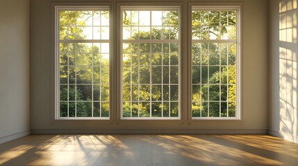 Sunlit Room Featuring Large Triple Windows and Hardwood Floor
