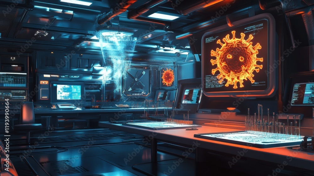 Poster advanced laboratory explores virus structures with glowing monitors and test tubes in a modern resea