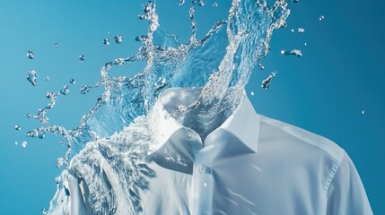 Vibrant water splash effects highlighting a plain white shirt, rippling textures forming on a blue backdrop