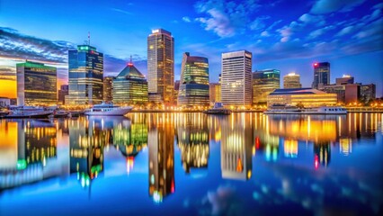 Naklejka premium Stunning Cityscape at Dusk with Reflections on Water Surface