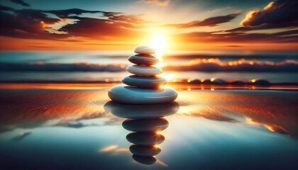 Obraz premium Atom A collection of smooth, clear stones stacked carefully on a reflective surface, with the backdrop of1