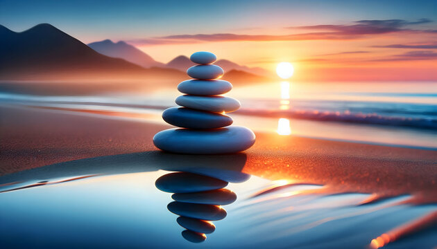 Atom A collection of smooth, clear stones stacked carefully on a reflective surface, with the backdrop of2
