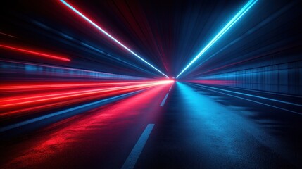 Speeding car lights in tunnel at night; abstract motion blur background