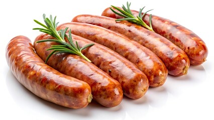 Delicious Pork Sausages, Isolated White Background, High-Resolution Food Photography, Culinary Images, Meat Products