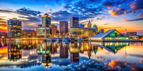 Fototapeta premium Stunning Sunset Reflections Over Urban Skyline and Harbor Waters