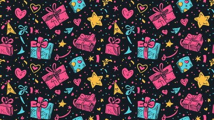 Vibrant Hand-Drawn Pattern of Love-Themed Gifts and Stars for Festive Celebrations