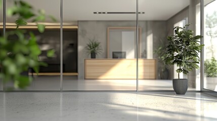 Obraz premium Blurred office interior background with a blurred door and glass wall, blurry bokeh light effect for a business concept design. High-quality photo, taken with a telephoto lens in realistic daylight.