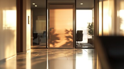 Blurred office interior background with a blurred door and glass wall, blurry bokeh light effect for a business concept design. High-quality photo, taken with a telephoto lens in realistic daylight.