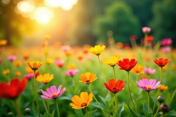 Fototapeta premium Sun-kissed wildflowers dance in a field of green, colorful, bloom
