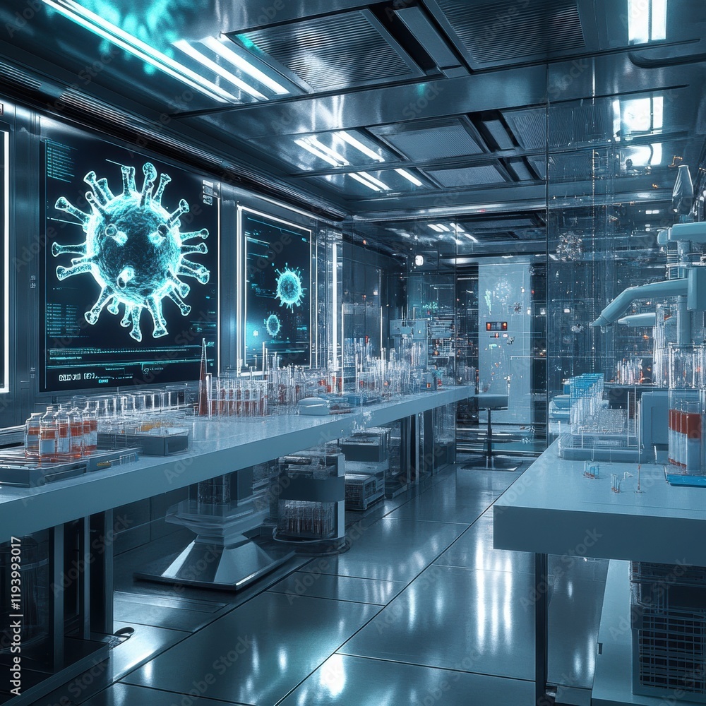 Poster modern laboratory featuring advanced technology with test tubes and monitors displaying virus graphi