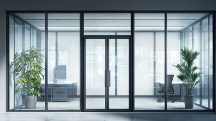 Fototapeta premium Blurred office interior background with a blurred door and glass wall, blurry bokeh light effect for a business concept design. High-quality photo, taken with a telephoto lens in realistic daylight.