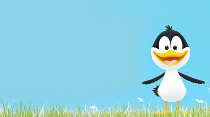 Naklejka premium Cute Cartoon concept. Cute cartoon penguin standing on grass under a bright blue sky.