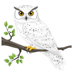 majestic white owl perched on branch, showcasing its striking yellow eyes and detailed feathers. owl presence evokes sense of wisdom and tranquility in nature