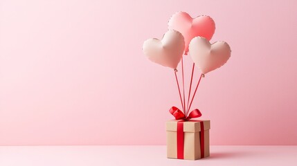 Elegant Valentine's Day Scene with Floating Heart Shaped Balloons and Gift Box in Soft Pink Background