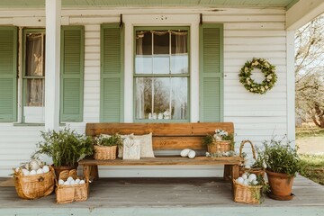 Rustic Easter porch decor with wooden bench, baskets of eggs, plants, and wreath.